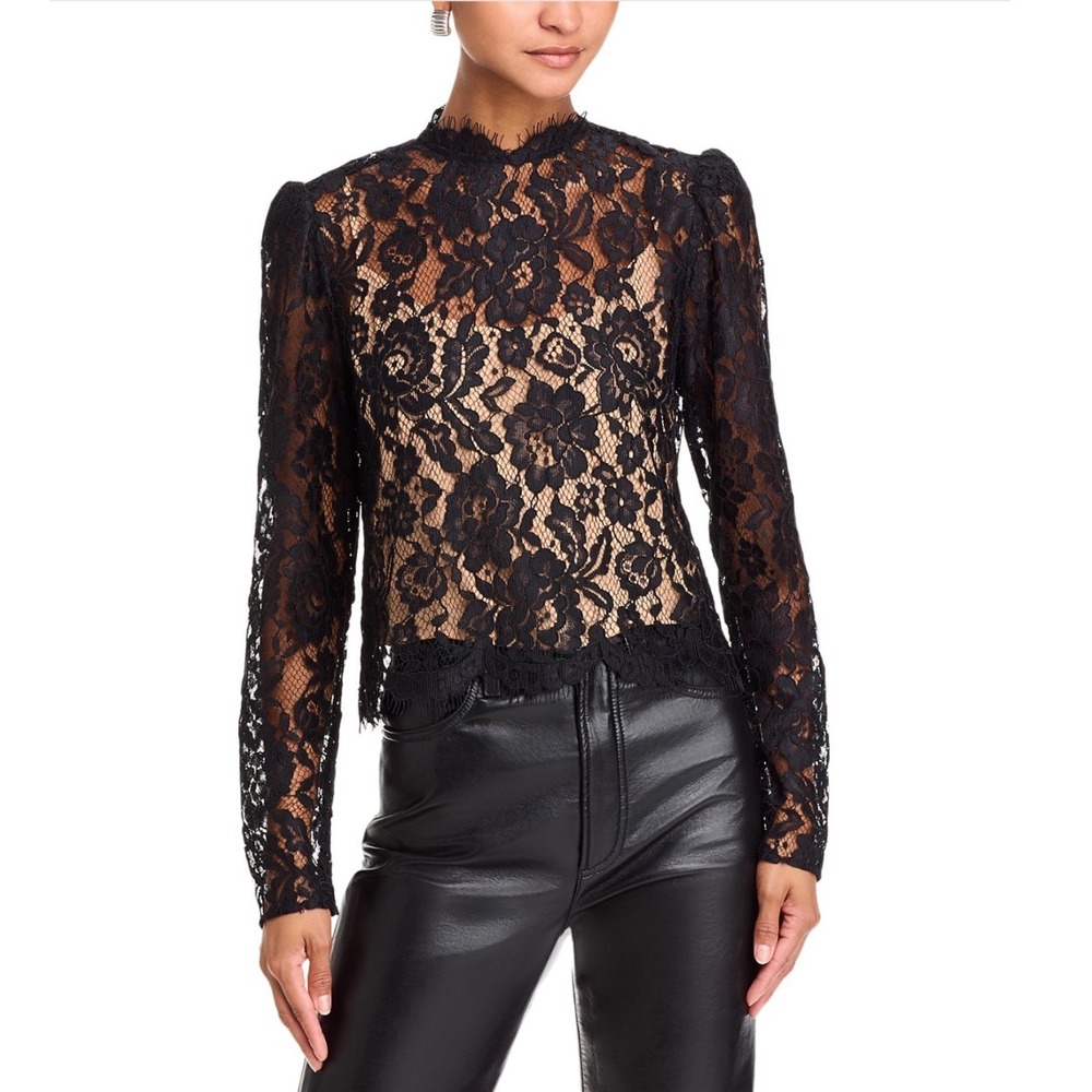 WAYF Nadia Lace Top Black Mock Neck Long Sleeve XS